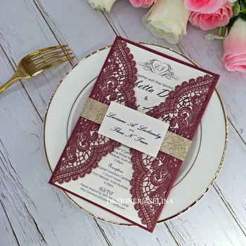 

Burgundy Laser Cut Wedding Invitations DIY Invitations+champagne glitter belt+tag for Bridal Shower Graduation Party