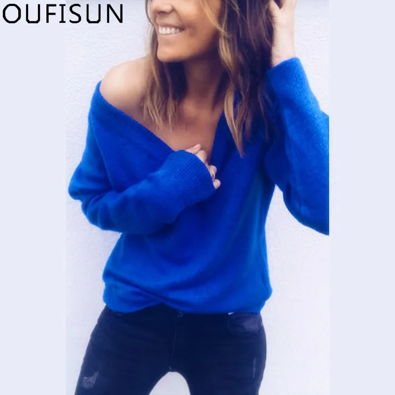 

Oufisun Spring Antumn Deep V-neck Women Sweater 2019 New Casual Solid Long Sleeve Sweaters Loose Comfortable Warm Female Weater