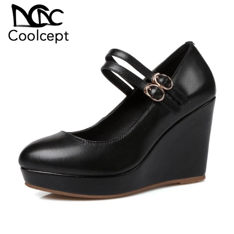

Coolcept Genuine Leather Women Pumps Buckle Platform Wedges Shoes Fashion Daily Leisure Women High Heel Footwear Size 33-40