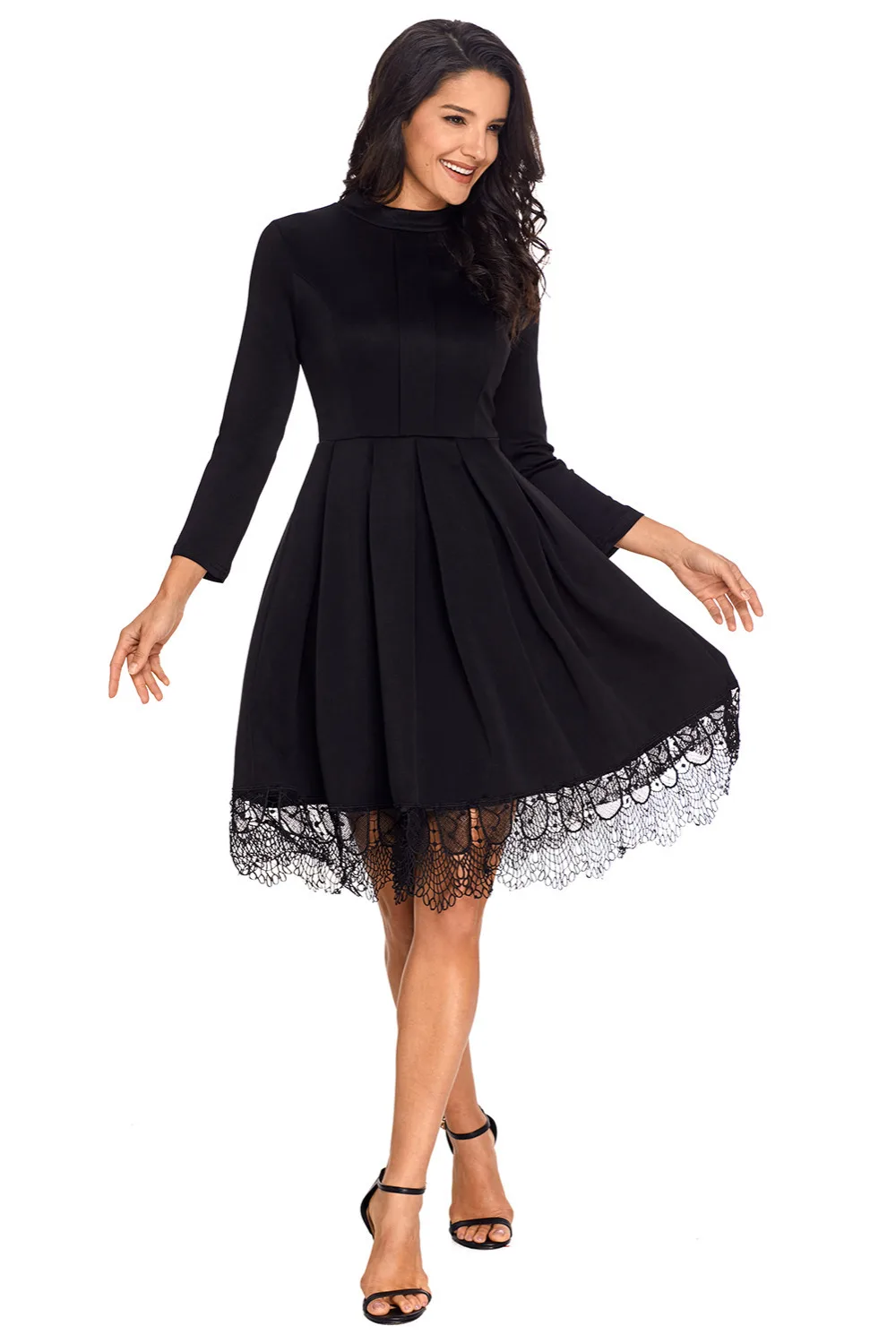 new Autumn winter Party Dresses A line Lady Clubwear women clothes Lace Hemline Detail Black