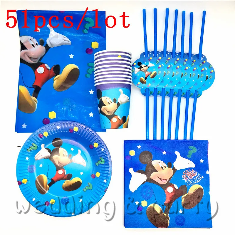 

Mickey Theme 51PC\lot Kids Favors Paper Cup Plates Baby Shower Glass Decoration Tablecloth Napkins Birthday Straw Party Supplies