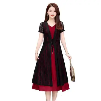 

High Quality Women Summer Dress 2019 New Vintage V-neck Hollow Out Two-Piece Lace Dresses Temperament Plus size Party Long Dress