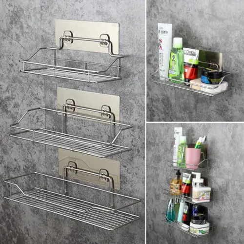 

2019 New Style Hot Stainless Steel Metal Shelf Shower Basket Bathroom Wall Mounted Storage Rack Adhesive