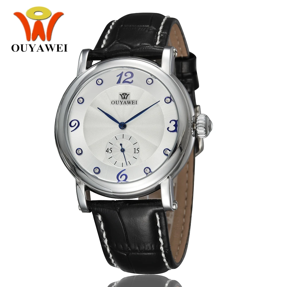 

OUYAWEI Fashion Automatic Mechanical Men Watches White dial Leather Strap Two zone time Male Hombre Wristwatch Relogio Masculino