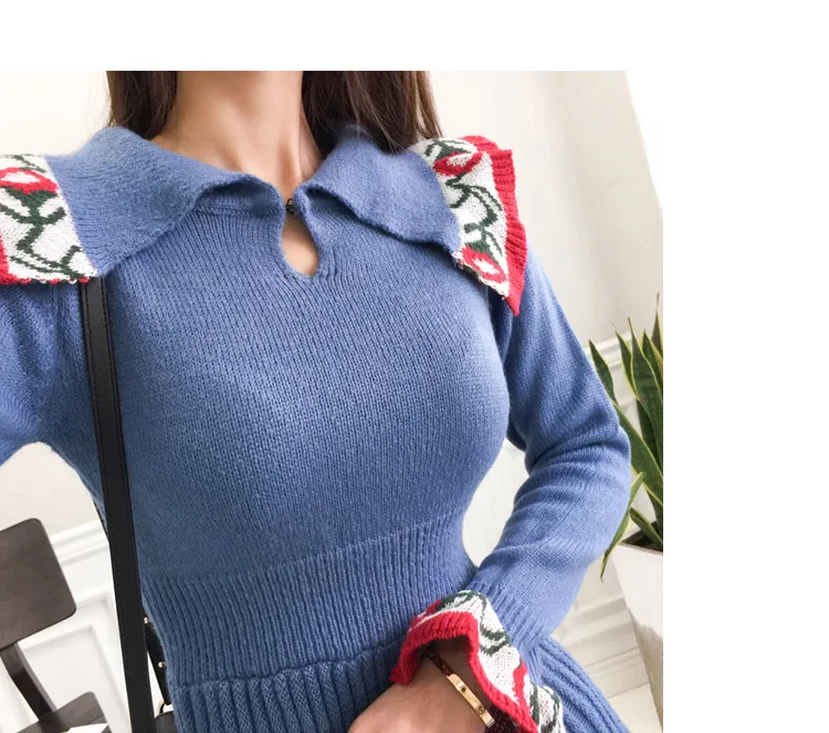SMTHMA высококачественное зимнее Новое корейское платье темперамент ретро тонкий расклешенный рукав вязаный жаккардовый свитер платье