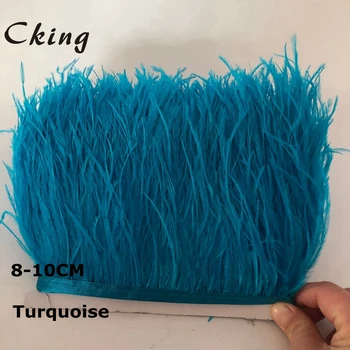 

Cking 10 Meter/lot Turquoise Blue natural ostrich feather trimming sewed on satin ribbon 8-10cm 3-4inch width real feather lace