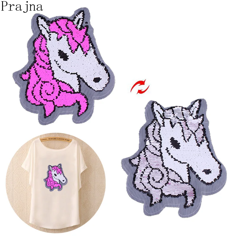 

Prajna Change Color Reversible Sequin Patch Unicorn Horse Patch Kids Sewing Sew On Embroidered Patches For Clothes Parches DIY