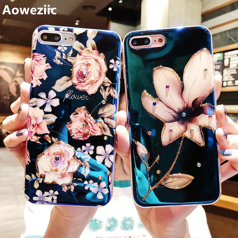 

Aoweziic New retro art epony rose for iphone X XS MAX XR mobile phone case 6s 7 8plus blue light rhinestone soft shell