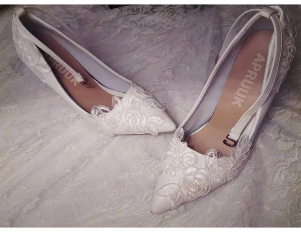 9cm thin high heels white lace wedding shoes woman sexy point toes brides lady party proms dress pumps shoes ankle straps
