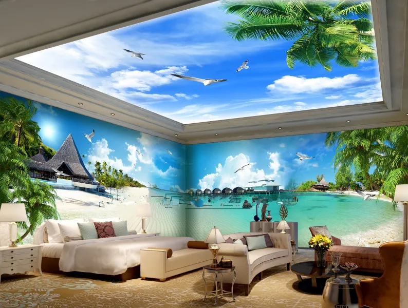На заказ 5D шелковые большие фрески обои Приморский морской пейзаж Пляж фрески кокосовые пальмы средиземноморские обои природный пейзаж назад
