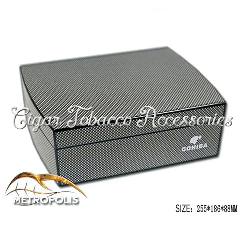 

COHIBA Luxury Black Carbon Fiber Cedar Wood Cuban Cigar Humidor MINI Storage Box with Hygrometer Humidifier