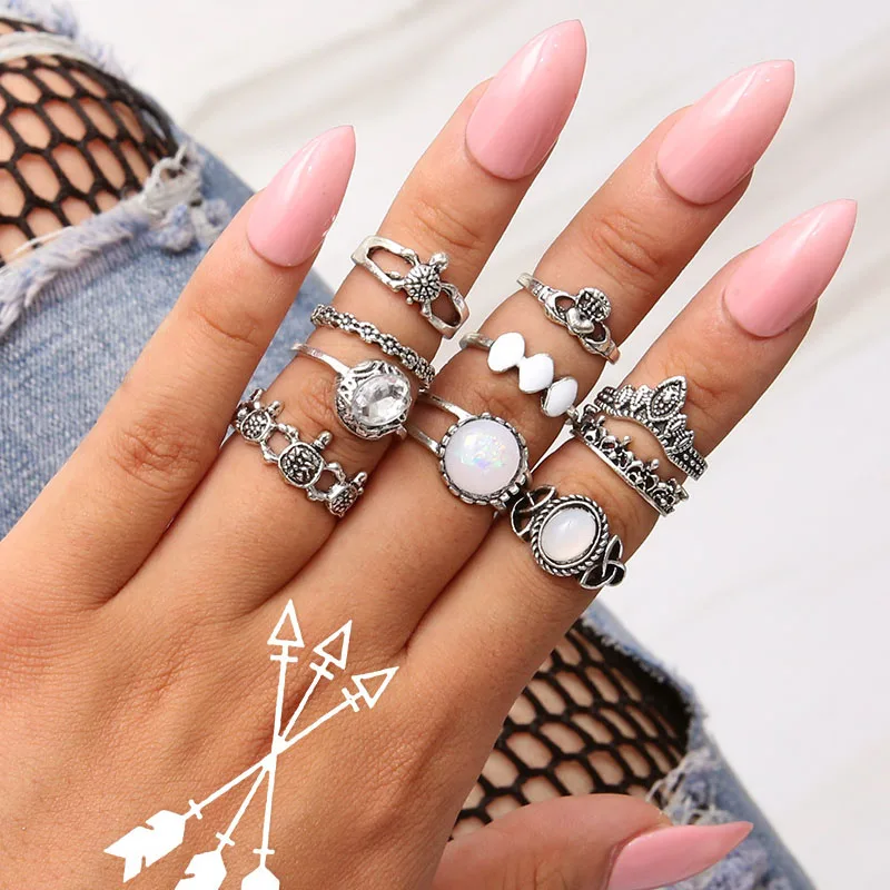 

10pcs/Set Vintage Antique Silver Turtle Crown Heart Carved Opal Crystal Round Knuckle Midi Finger Rings for Women Party Jewelry