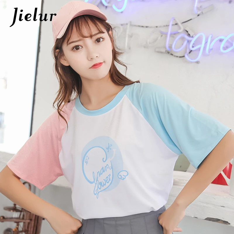 Jielur dulce niñas de estilo coreano mujeres T camisa Patchwork Color verano Mujer suelta S-XL blanco Camisetas femenina Dropship Jielur dulce niñas de estilo coreano mujeres T camisa Patchwork Color verano Mujer suelta S-XL blanco Camisetas femenina Dropship