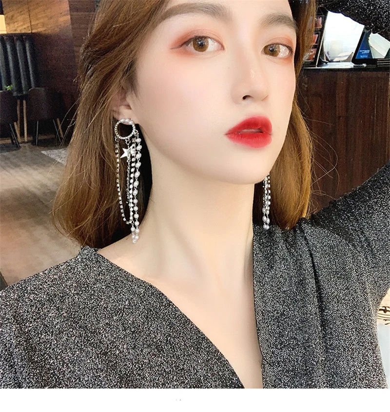 

AE-CANFLYLuxury Baroque Round Crystal Pearl Long Dangle Earrings Crystal Star Pearl Tassel Drop Earrings Women Jewelry