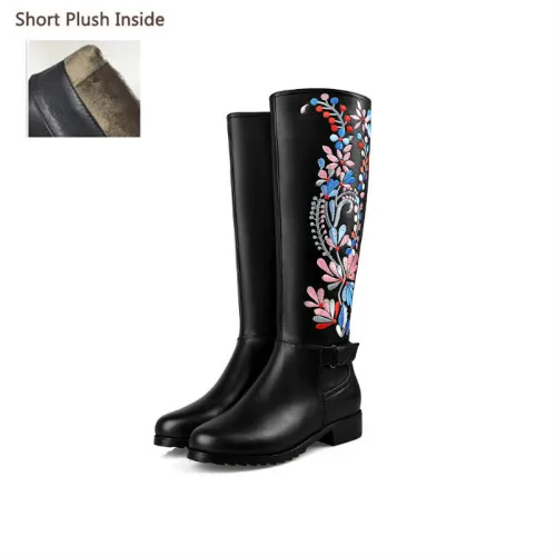 XiuNingYan/женские сапоги из натуральной кожи на низком каблуке; полусапожки на молнии с вышивкой; теплые зимние повседневные сапоги на меху; женская обувь - Цвет: Cow Leather Plush