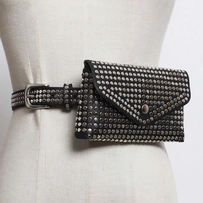 

[super beabob] New Summer Autumn 2018 Fashion black high quality PU leather metal buckle rivet mini bag decorative belt women QE