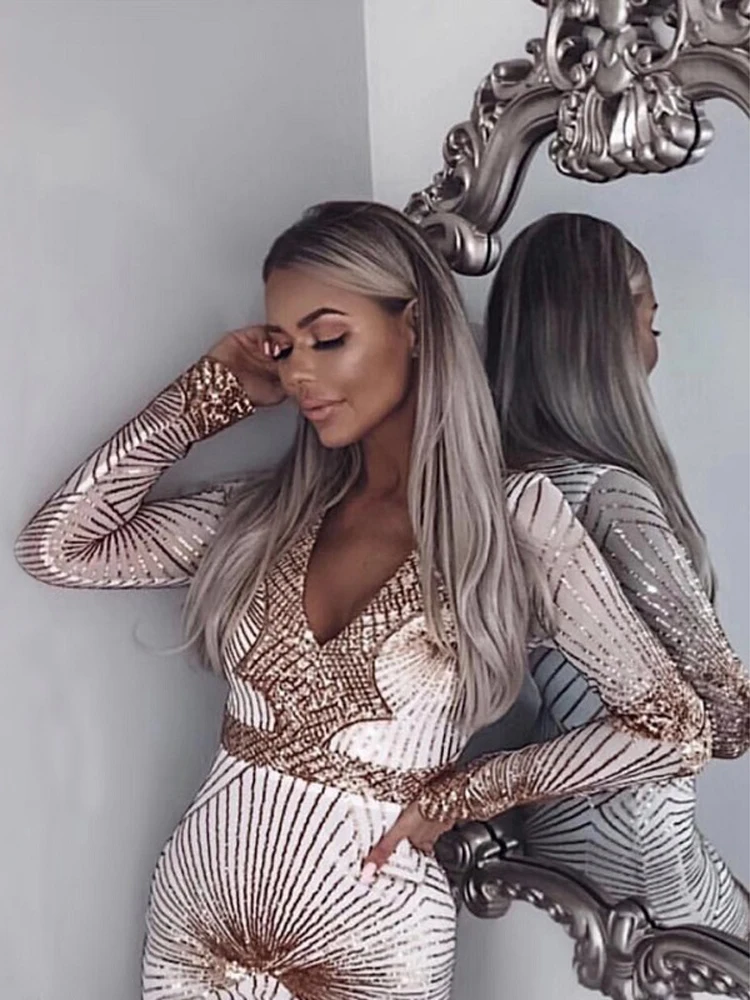 pic New Arrivals Summer Dress Fashion Long Sleeve Zipper V-Neck Sequin Dress Women Celebrity Party Dress Vestidos Wholesale - Цвет: pic