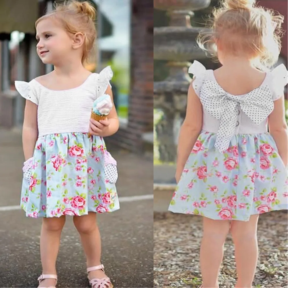 

Toddler Infant Baby Girls Dress Floral Print Pocket Ruffle Bowkont Dress Outfits