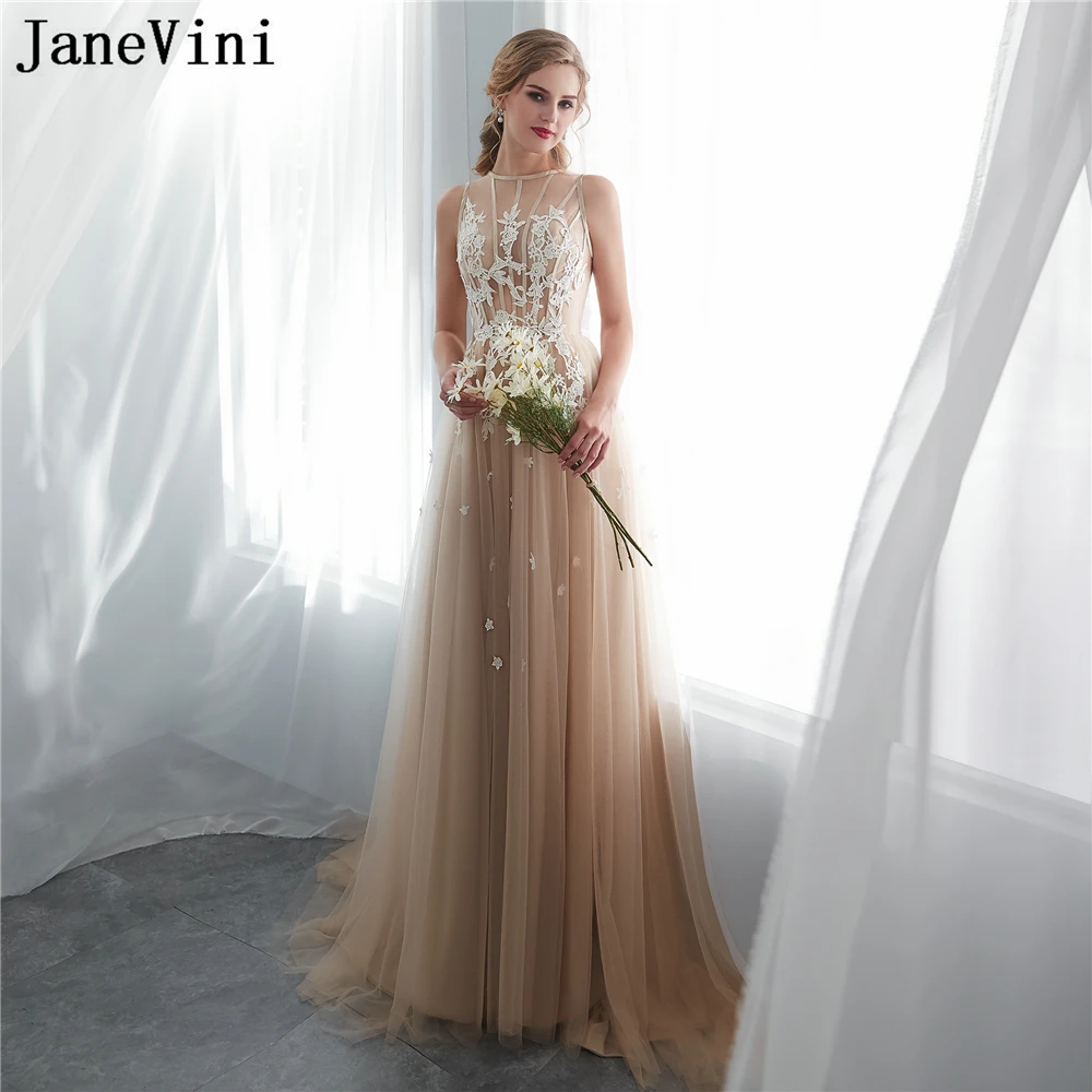 

JaneVini 2018 Champagne Long Bridesmaid Dresses A Line Lace Appliques Tulle Prom Gowns Sweep Train Robe De Demoiselle D'honneur