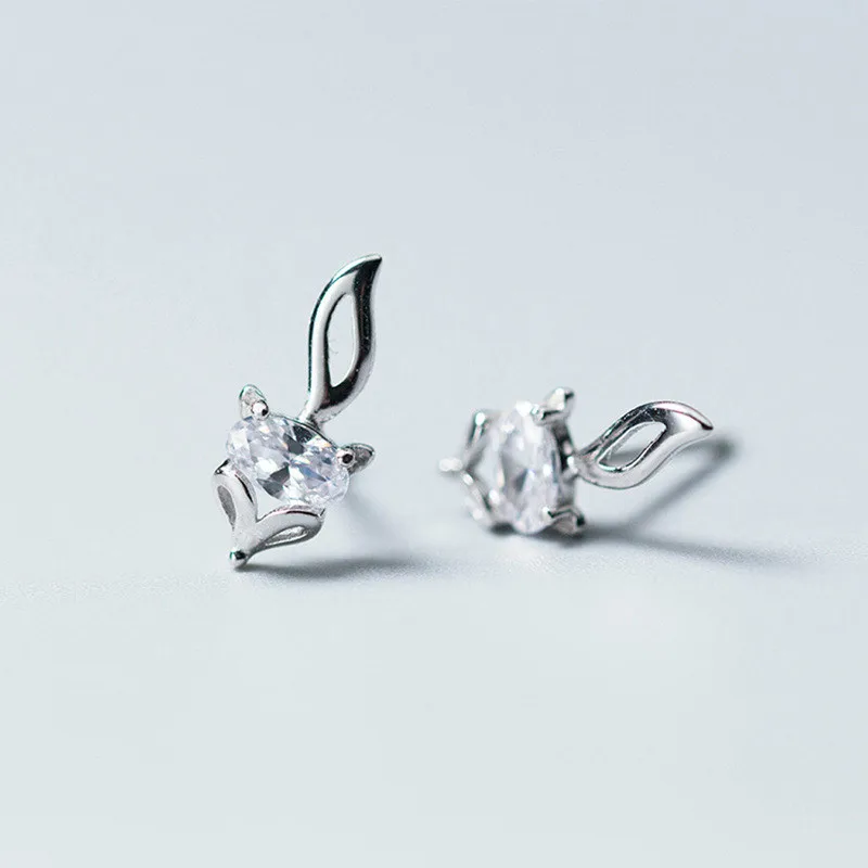 

100% 925 Real Sterling Silver Jewelry Fashion Tiny 6mmX13mm Hollow CZ Fox Stud Earrings Gift For Girls Kids Lady