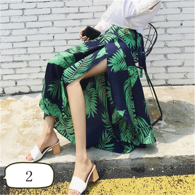 

Summer Boho Chiffon Skirt One Piece Floral Beach Skirt Womens High Waist Long Skirt Saia Green red Flower Print Skirt For Women