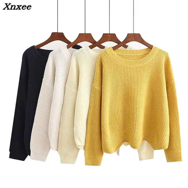women sweater and pullovers knitted long sleeve sweaters Solid color crewneck Casual 2018 Cute sweater knitting pullover Female
