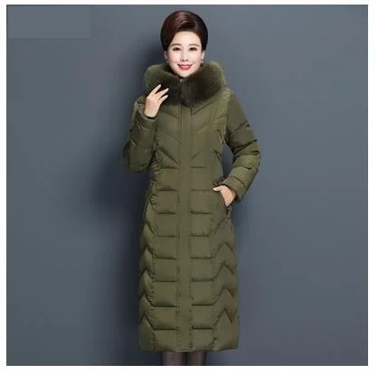 Army green Зимняя женская куртка с меховым воротником и капюшоном, тонкий толстый теплый пуховик из хлопка, длинное пальто, пальто большого размера, повседневные женские куртки 6X - Цвет: Army green