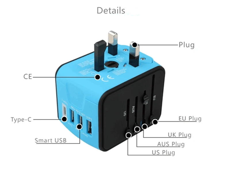 Дорожный адаптер Международный Универсальный адаптер для путешествий type-C с 3 умными USB по всему миру электрическая розетка US UK EU AU Internatio