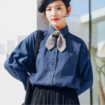 

2020 Autumn Long Sleeve Bow Tie Denim Shirts Women Office Work Wear OL Denim Blouses Tops Women Casual Denim Tops