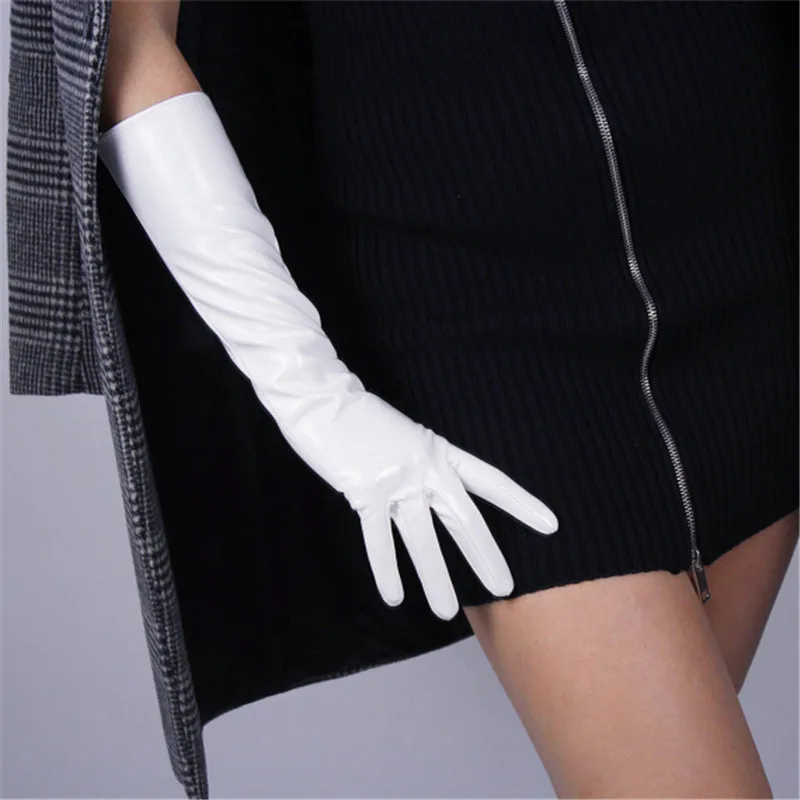 Patent Leather Gloves Female White Red Brown Synthetic Leather Woman Gloves 40cm Long Cosplay Imitation Genuine Leather P34