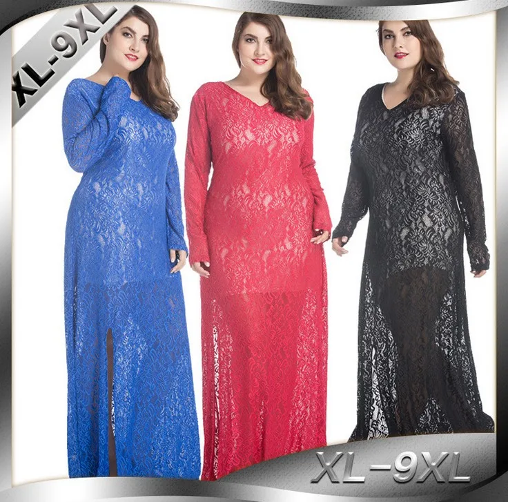 

Plus Size Autumn Women Evening Party Dress Big Size Hollow Out Lace Sheath See Through Dress Women Maxi Velvet Long Sleeve Dress