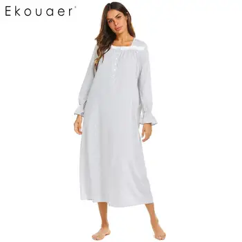 

Ekouaer Long Nightdress Nightwear Dress Casual Victorian Style Stripe Nightgown Women Loungewear Sleepwear Female Sleepshirts