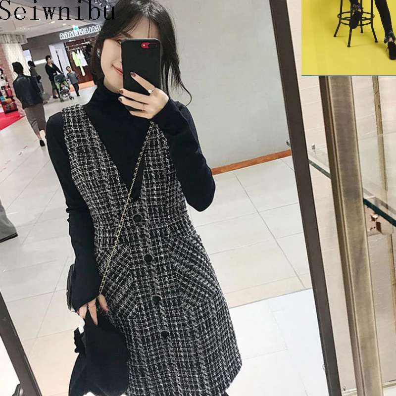 

Seiwnibu Tweed Dress Elegant A-line Button Dresses Black Plaid sleeveless summer Dress V-Neck Mini Dress Small fragrance