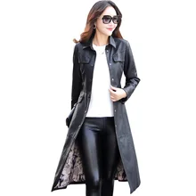 Women Long Leather Jacket 2017 New Fashion Ladies Elegant Washed PU Leather Coats Trench Female Outerwear With Belted Plus Size