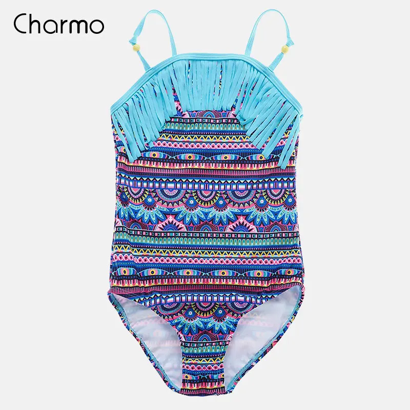 AQU Цельные купальники Charmo в этническом стиле, винтажный купальник с принтом, детское бикини с кисточками, пляжная одежда, детские цельные костюмы - Цвет: AQU