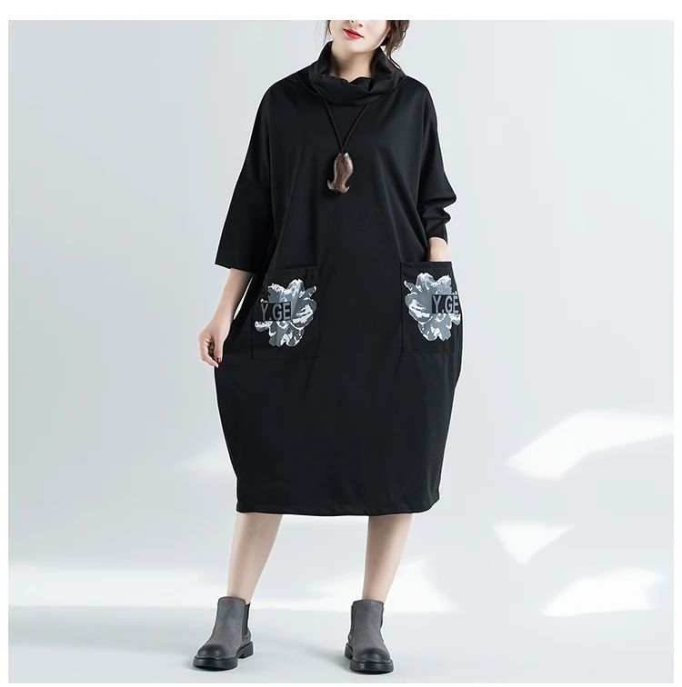

Fashion Plus Size Turtleneck Big pocket Three Quarter Cotton Jumper Dress Women Ladies Autumn vogue Loose Tunic Baggy pullover