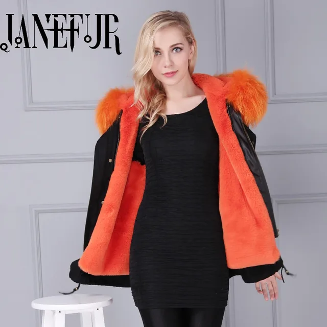 Cheap 2017 New Arrival Pink withBlack Fur Parka for Women Real Raccoon Fur Big Bont Parka Thick and Warm Faux Fur Liner Coat