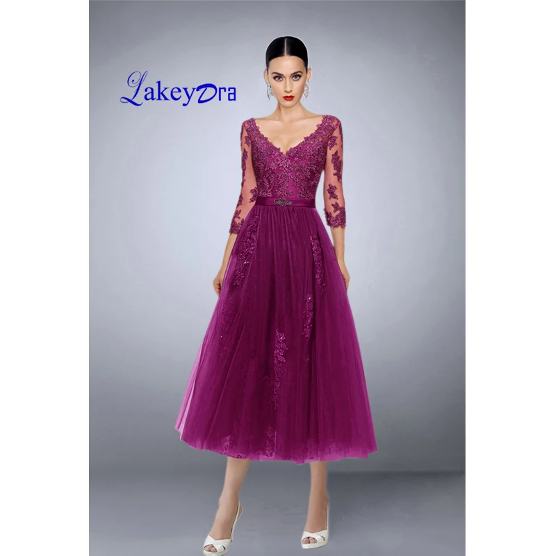 

Lakeydra A-Line Prom Dresses Fuchsia 3/4 Long Sleeves Tulle with Appliques Zipper Back Sequined Tea-Length Evening Gowns