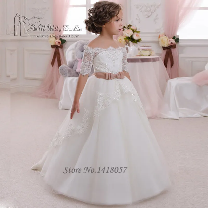 Cheap White First Communion Dresses for Girls Lace Flower Girl Dress
