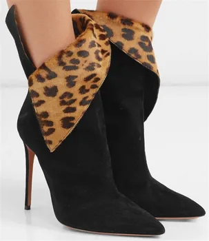 

New Fashion Leopard-Print Night Fever Ankle Boots For Women Crystal Black Suede Short Boots High Heels Dress Party Shoes Women