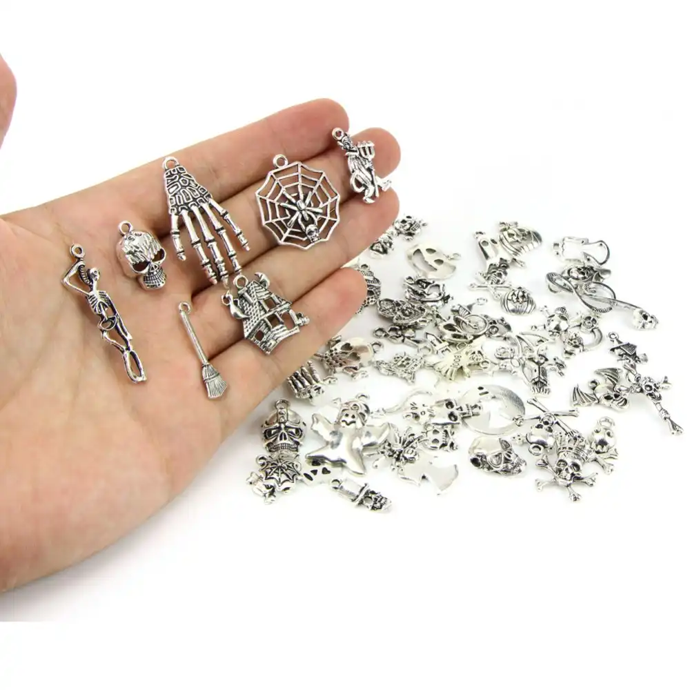 Pumpkin Skull Spider Witch Charms Pendants Qpout 57pcs Halloween Silver Mixed Antique Charms Pendants