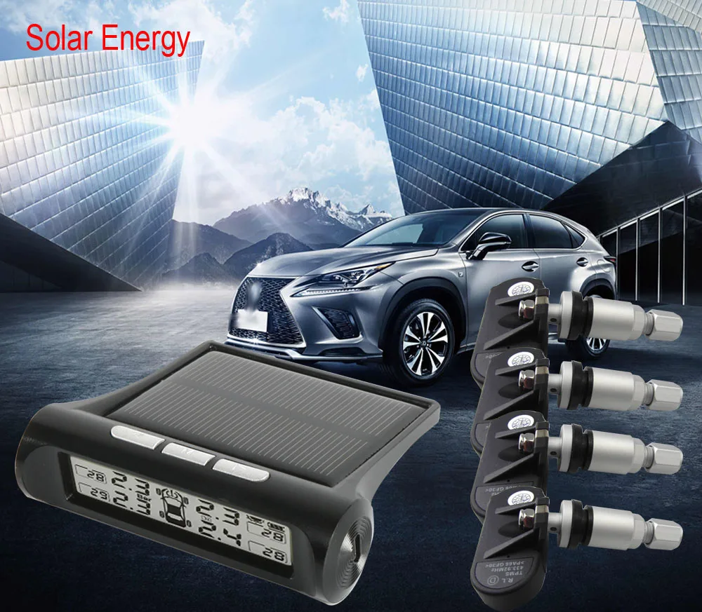 

BIUYEE TP880 Universal Car TPMS Tire Pressure Monitoring System Solar Energy LCD Color Display with 4 Internal Sensor Auto Alarm
