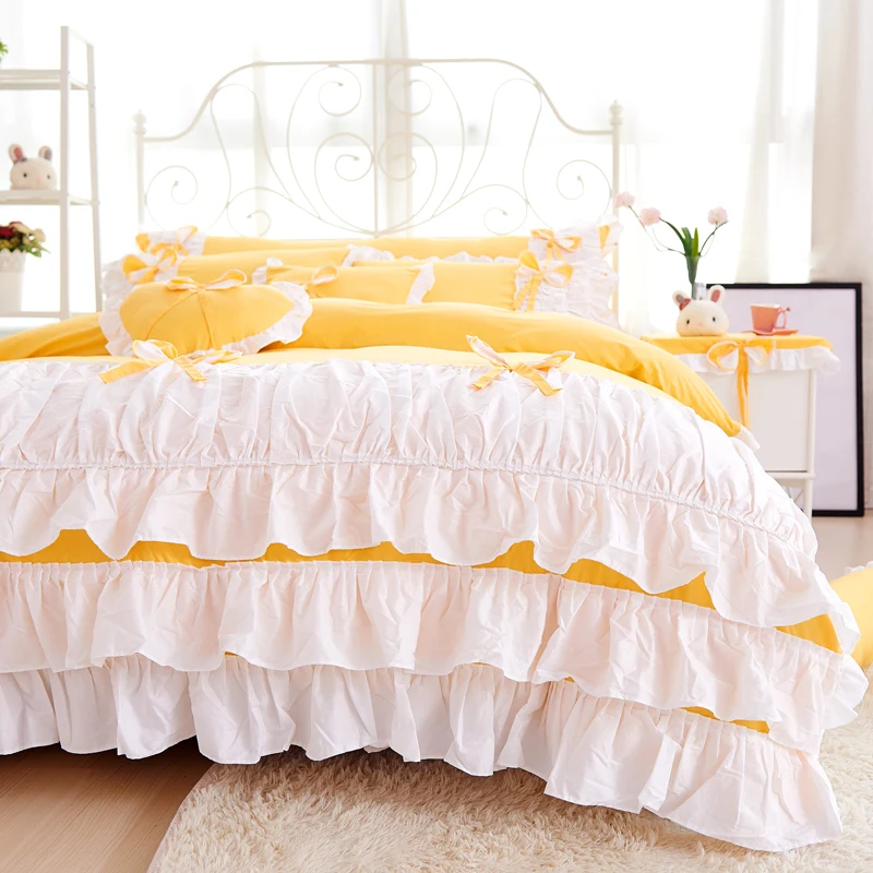 

Yellow Purple Blue Pink Korean Princess 100% Cotton Bedding Set White Ruffle Twin Queen King Duvet Cover Bed Skirt Pillowcases