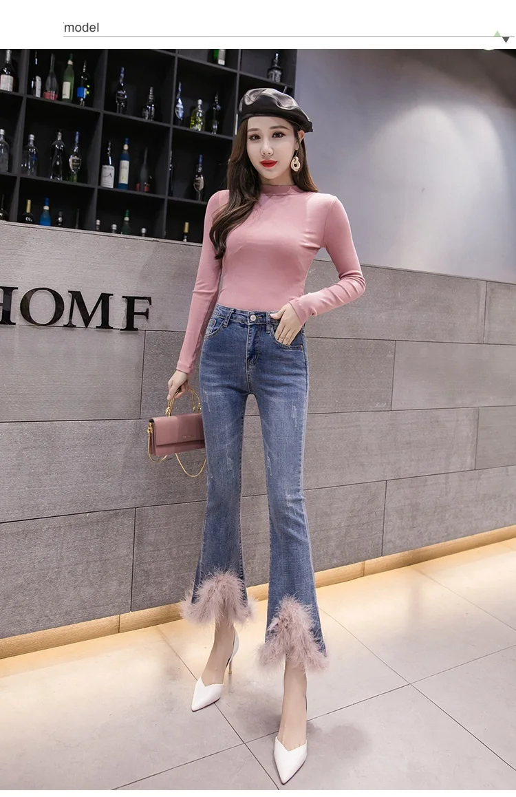 Новая высокая талия джинсы клеш лоскутный мех брюки узкие джинсовые спортивные брюки лосины Корейская одежда модные женские джинсы
