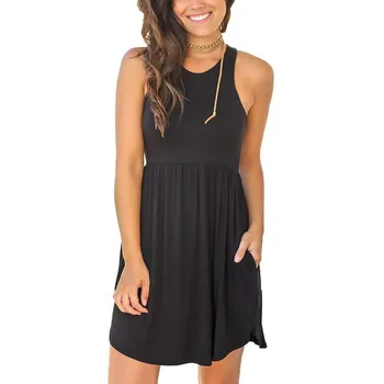 

2019 Summer O Neck Casual Fashion Tank Dress Women Solid Color Beachwear Boho Mini Dress Pocket Sundress Tunic Slim Clothes