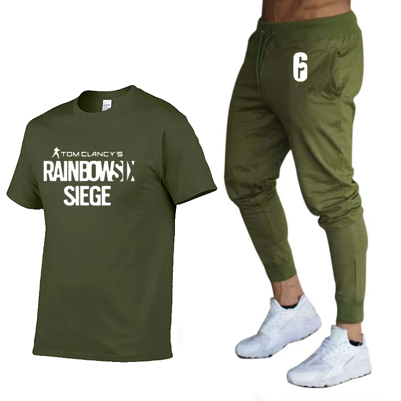 Летняя мужская футболка подвеска Tom clancys Rainbow Six Siege футболки Повседневная Модная хлопковая Футболка в стиле хип-хоп Высокое качество футболки+ брюки костюм - Цвет: 810