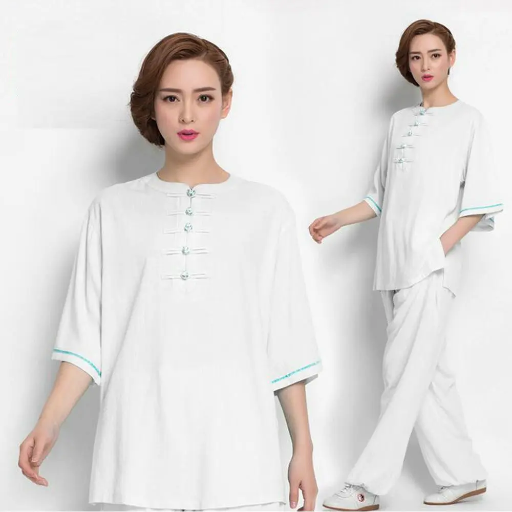Женский костюм Тай Чи из хлопка и льна на весну лето с коротким рукавом|linen womens