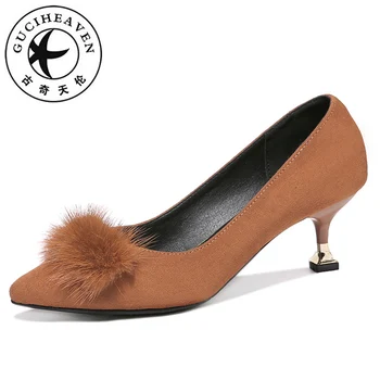 

Guciheaven Slip-On Pumps Office Shallow Women Dress Shoes Spike High Heels Pointed Toe Microfiber Working Mink fur U