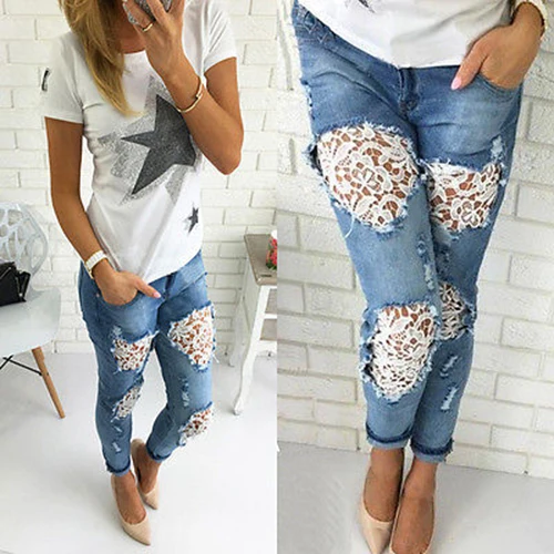 

Women Mid Denim Jeans Lace Ripped Hole Mid Waist Skinny Jeans Female Casual Pencil Pants Trousers Women Summer Denim Pant D20