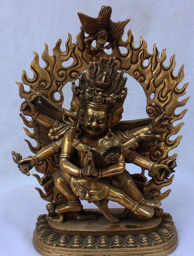 

8" Old Tibet Buddhism Bronze Gilt 3 Head 6 Arms Mahakala Yab-Yum Buddha Statue